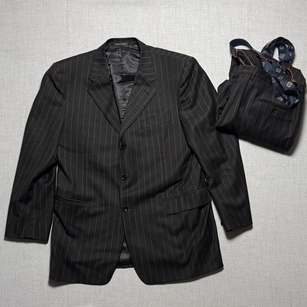 Vintage Trussini 2PC Suit Classic Fit Black Wool Brown Pinstripe Size 56 36x29
